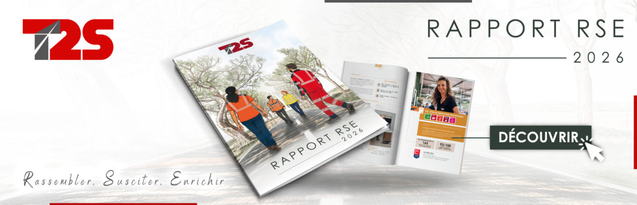 Bandeau présentant notre rapport RSE avec le visuel de notre première de couverture et un exemple de pages intérieures (photo d'une de nos collaboratrices)